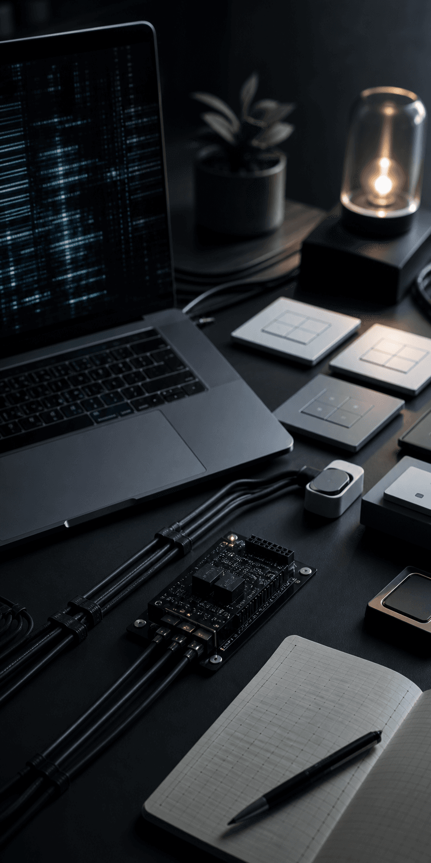 Ranveer systems thinking workbench with laptop, smart home components, and repeating cable patterns