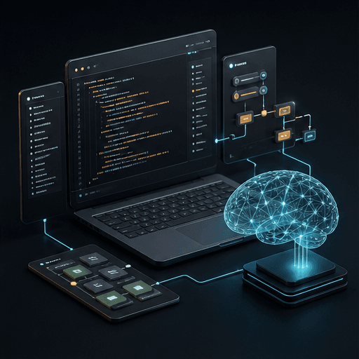 Abstract AI-led development thumbnail with code panels, workflow nodes, and a neural model