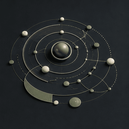 Abstract systems thinking thumbnail with orbital dependencies, nodes, and feedback loops